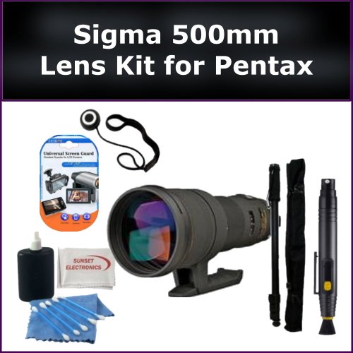 Sigma Telephoto 500mm f/4.5 EX DG APO Autofocus Lens for Pentax K-x, K-r Digital SLR Cameras. Package Includes: Sigma 500mm Lens, Lens Cap Keeper, Lens Cleaning Pen, Monopod, LCD Screen Protectors, and Cleaning Kit with SSE Microfiber Cleaning Cloth