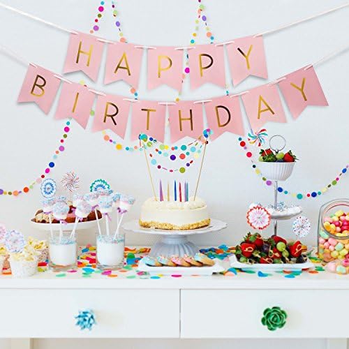 Tiemom Happy Birthday Bunting Banner, Cute Pink, Pastel Perfection and Gold Foiled Decorations, Swallowtail Party Flag