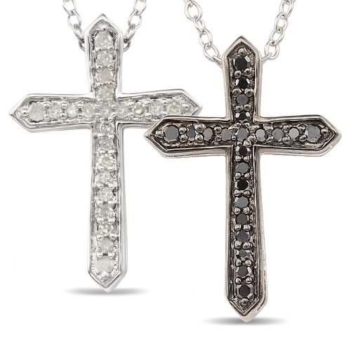 Sterling Silver 1/4 CT TDW Black and White Diamond Religious Pendant With Chain (I3)