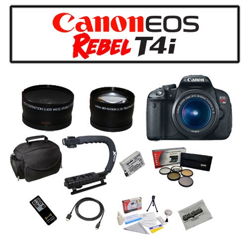 Canon EOS Rebel T4i Digital Camera with EF-S 18-55mm f/3.5-5.6 IS II Lens with Starters Bundle Kit Including Opteka Microfiber Deluxe Camera Gadget Bag, Opteka X-GRIP Professional Camera / Camcorder Action Stabilizing, Opteka .43x High Definition Wide Angle With Macro & 2.2x Telephoto Lens Kit and MORE!