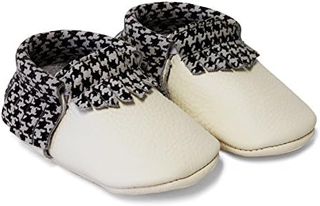 SnuggleRoo Leather Baby Moccasins Soft Sole Slip on Shoes with Stylish Fringe Handmade for Infants, Toddlers, Kids (3-6 Months (US 2 Infant), Houndstooth)