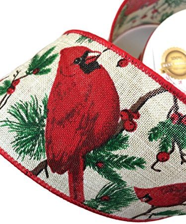 Cardinal Wired Burlap Ribbon, Christmas Holiday Ribbon, Red Birds, #40, 10 yard spools