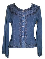 Apparel: 122 B Agan Traders Gypsy Medieval Embroidered Top Blouse (M, Denim / Navy Blue)