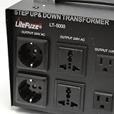 LiteFuze LT-5000 5000 Watt Heavy Duty Voltage Converter Transformer - Step Up/Down 110/120/220/240V - Fully Grounded Cord (Free Euro Plug) - Patented Universal Output Socket - Circuit Breaker Protection
