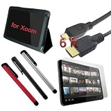 Black Leather Case + Clear Screen Guard + Black/sliver/red Stylus Pen + Micro Hdmi Cable 6 Feet For Motorola Xoom Tablet