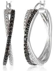 Sterling Silver Black Diamond Accent Cross Hoop Earrings (0.02 cttw)