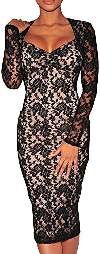 Stylebek Women's Sexy Lace Embroidery Long Sleeve Mid Length Pencil Dress