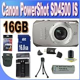 Canon PowerShot SD4500IS 10 MP Digital Camera with 10x Optical Image Stabilized Zoom and 3.0-Inch LCD, Silver + 16GB SDHC Memory + Extended Life Battery + Rapid Charger + USB Card Reader + Case + Memory Card Wallet + Accessory Saver Bundle!