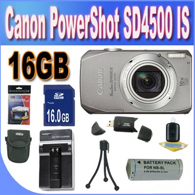 Canon PowerShot SD4500IS 10 MP Digital Camera with 10x Optical Image Stabilized Zoom and 3.0-Inch LCD, Silver + 16GB SDHC Memory + Extended Life Battery + Rapid Charger + USB Card Reader + Case + Memory Card Wallet + Accessory Saver Bundle!