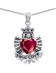 Genuine TRUE LOVE (tm) 925 Sterling Silver Created Ruby Heart With Crown and Angel Wings Pendant