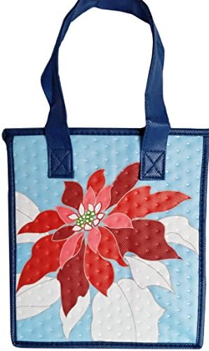 HAWAIIAN ALOHA POINSETTIA TOTE BAG REUSABLE GIFT BAGS HAWAII LUAU PARTY GIFT CHRISTMAS MELE KALIKIMAKA SMALL 9X8X5.75 BABY SHOWER INSULATED LUNCH NON WOVEN BLUE