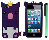 Dark Purple Cute Pig Yellow Crown Silicone Skin Premium Design Protector Soft Cover Case Compatible for Apple Iphone 5 (AT&T, VERIZON, SPRINT) + Combination 1 of New Metal Stylus Touch Screen Pen (4