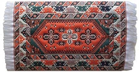 Miniature Woven Embroidered Dollhouse Rug in Orange and Dark Green Colors