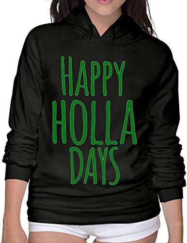 Pipilulu Women's Funny Happy Holla Days Christmas Hoodies Sweatshirt L Black
