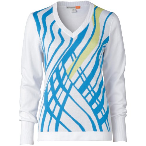 Spanner Golf Ladies Intarsia V Neck Sweaters Xx Large White Azure Blue