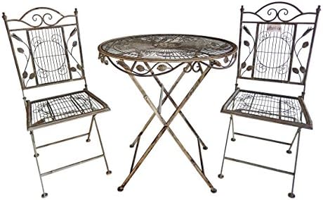 Three-Piece Folding Outdoor Bistro Set with Center Geometric Design, Square Back Chairs &amp; Round Topped Table, Wrought-Iron, Color: Silver Lining Grey