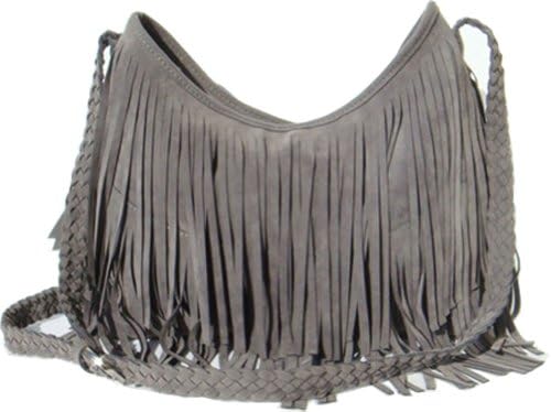 Fashionkey Bohemia Style Fringe Tassel Faux Suede Shoulder Messenger Cross Body Tote Handbag (Grey)