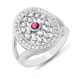 Designer Inspired Ruby and CZ Sterling Silver Engagement Ring Size-6