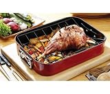 ENML RED RECT ROASTING DISH 42 X 32 X 8CM W/RCK & S/S HNDLES