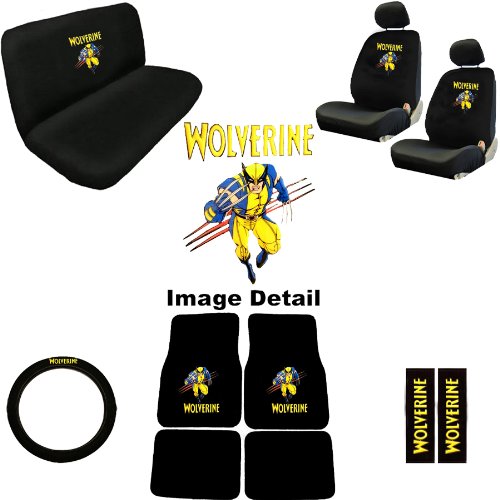  15pc Wolverine X-men Marvel Comics Superhero Low Back Seat Covers with Head Rest Covers, Bench Cover and Steering Wheel Cover with Shoulder Pads and Floor Mats Licensed and Rare Product
