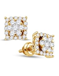 10K Yellow Gold Round Brilliant Cut Diamond - Flower Shape Halo Channel Set Studs Earrings with Secure Screw Back Closure - (.62 cttw.)