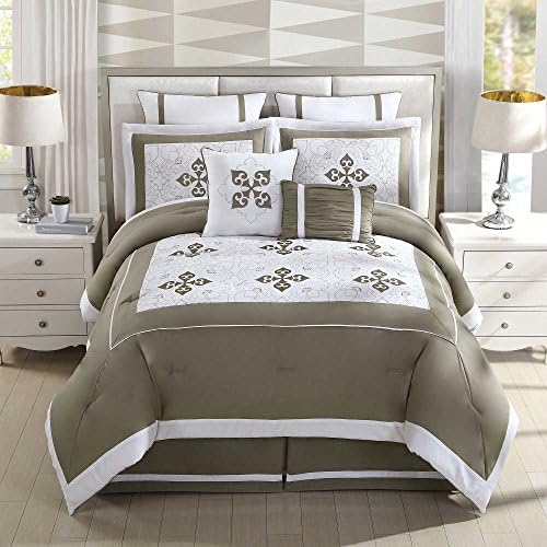 Clean and Sophisticated Embroidered Taupe/Ivory 8-Piece Comforter Set, Queen