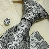 NEW Designer Silver Plaids 100% Jacquard Woven Silk Tie Hanky Mens Necktie and Cuff Links Black Ties Cufflinks and Handkerchiefs Set H5008