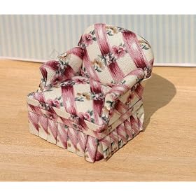 Dollhouse Miniature Pink Trellis Floral Upholstered Chair