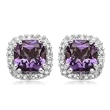 10k White Gold, February Birthstone, Amethyst and Diamond Cushion Earring