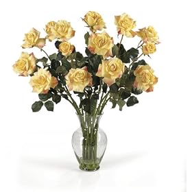 Silk Artificial Flower Arrangement - Long Stem Roses Liquid Illusion-Yellow