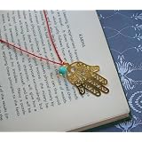 Long Kabbalah Necklace- Red Silk and Gold Hamsa with Turquoise Glass Bead