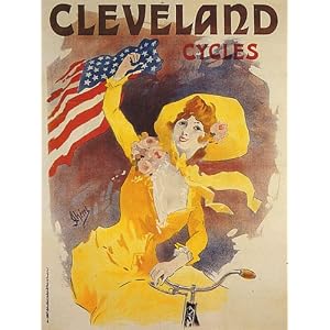 CLEVELAND CYCLES BICYCLE WOMAN AMERICAN FLAG USA SMALL VINTAGE POSTER REPRO