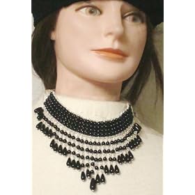 Multistrand Strand Silver Plated with Simulated Onyx Pearl Kutu Choker Necklace Earrings for Petite...