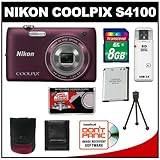 Nikon Coolpix S4100 14.0 MP Digital Camera (Plum) with 8GB Card + Battery + ....
