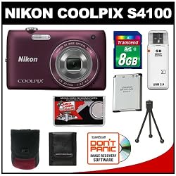 Nikon Coolpix S4100 14.0 MP Digital Camera (Plum) with 8GB Card + Battery + Case + Accessory Kit