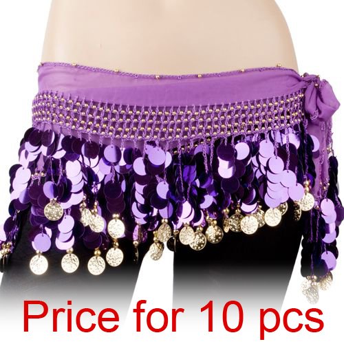 (Price/ 10 Pcs) BellyLady Belly Dance Hip Scarf, Gold Coins Lively Style