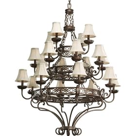 Progress Lighting P4414-102 20-Light 3-Tier Chandelier with Antique Beige Linen Shades and Open Architectural Metal Pattern, Roasted Java