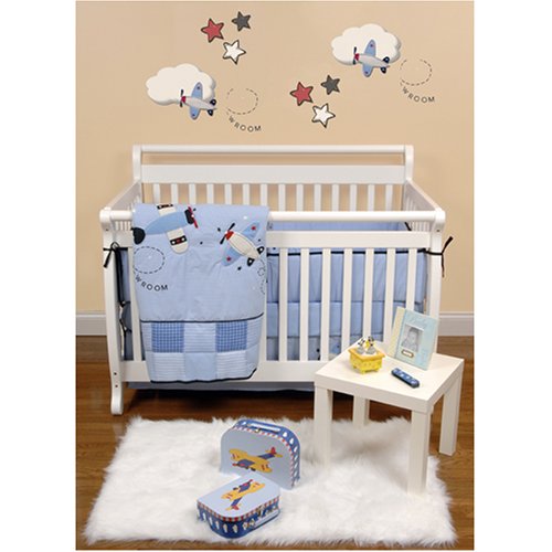 AirBaby - 6 Piece Blue Airplane Nursery Crib Bedding Set