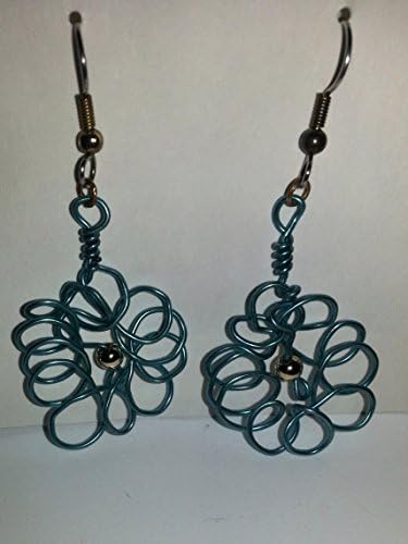 JSD-E71 BLUE TURQUOISE FLOWER SHAPED WIRE WRAPPED EARRINGS