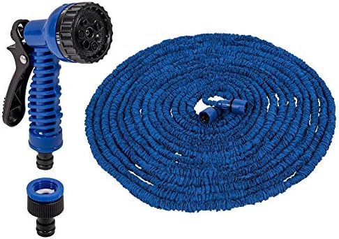 25 50 75 100 125 150 Ft Expanding Expandable Flexible Garden Water Hose Pipe w/ Spray Nozzle Gun (100FT/30M, Blue)