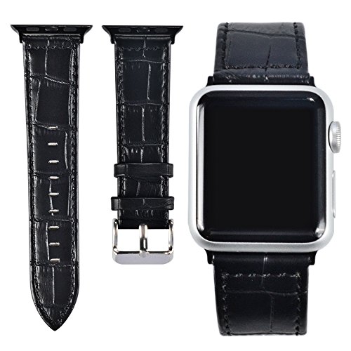 Apple Watch Bands,Fullmosa Bamboo Luxury Genuine Calf Leather Strap Smart Watch Band with Stainless Metal Clasp for iWatch Series1 Series2,Black 42mm
