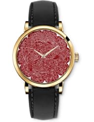 SPRAWL Aanalog Fashion Series Gold Ladies Watches of Genuine Black Leather Strap,Unique Wrist Watch for Women Girls Designed with Ancient Chinese Design