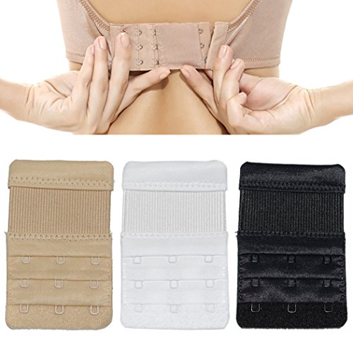 Quintina Ladies Elastic Bra Extender Stretchy 3 hook 3/4 inch Spacing Breathing room (3 hook 3/4 inch, 3 Pcs (Black+Nude+White))