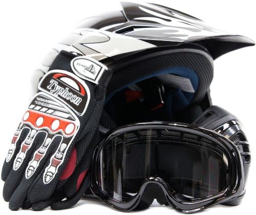 Youth Offroad Gear Combo Helmet Gloves Goggles DOT Motocross ATV Dirt Bike Motorcycle Silver Black - XL