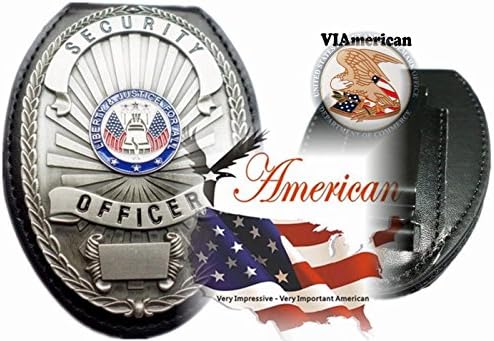 VIAmerican - Special Silver Security Officer Badge with Pin back on Leather Holder + Belt clip + Ball chain *We pay tribute to those who strive to Keep us and our Family Safe