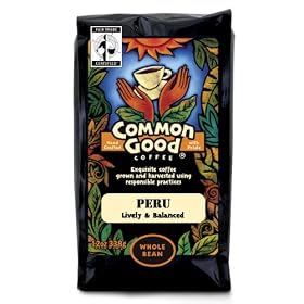 Common Good Foods Peruvian Organic Fair Trade Whole Bean Gourmet Coffee. 12oz Bag