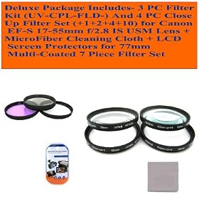 Deluxe Package Includes- 3 Pc Filter Kit (Uv-cpl-fld-) and 4 Pc Close up Filter Set (+1+2+4+10) for Canon Ef-s 17-55mm F/2.8 Is USM Lens + Microfiber Cleaning Cloth + LCD Screen Protectors for 77mm Multi-coated 7 Piece Filter Set