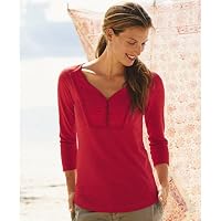 (エディー・バウアー) Eddie Bauer 3/4スリーブレースボーダーヘンリーＴシャツ(ホワイト PXS)
