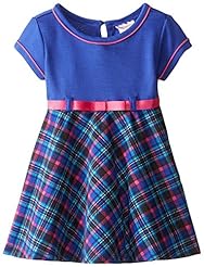 Girls Plaid Print Long Sleeves Piping  Polyester/Ponte/Spandex  Dress With a Bow(s) and a Ribbon 