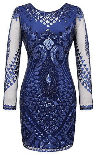 Izacu FloccÂ® Women's 1920s Gatsby Sequin Art Deco Scalloped Flapper Dress (L, blue)